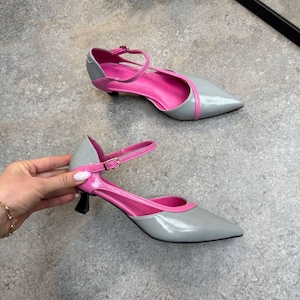 Genuine leather shoes, pink grey shoes, chic office pumps, two tone shoes, glossy leather shoes, ankle strap heels, stylish kitten heel