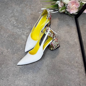 Floral leather shoes, flower print heels, white leather pumps, women leather heels, white block heels, pointed toe heels, bridal party shoes