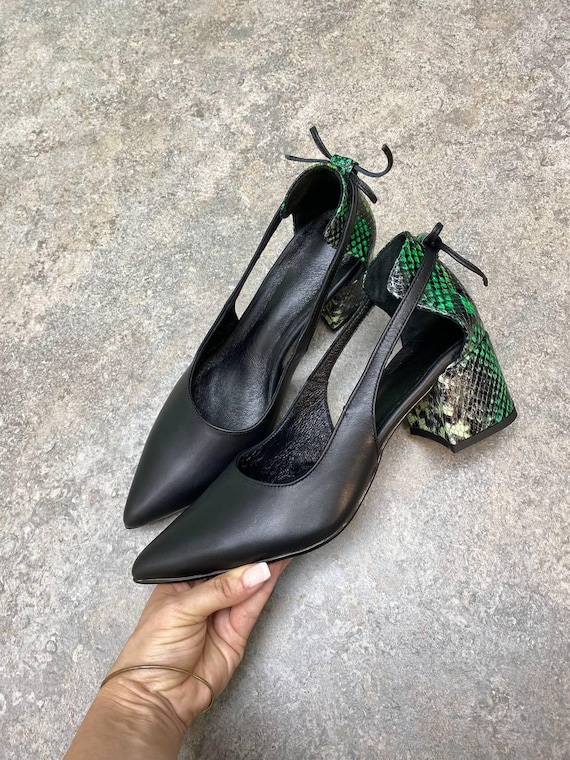 Black Green Snake Print Heels, Women Block Heels, Ankle Strap