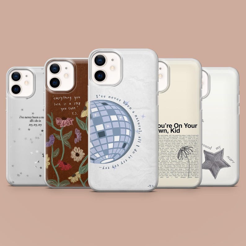 May include: Five phone cases with various designs. One case is brown with floral art and text. Another is white with a disco ball graphic. Other cases have text and star graphics. The cases are for a smartphone.
