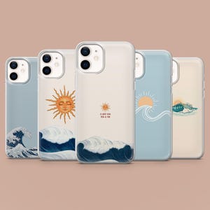 May include: Five phone cases with ocean-inspired designs. Each case displays a unique illustration of waves, suns, and text. The cases are in shades of blue, beige, and white, with clear edges.