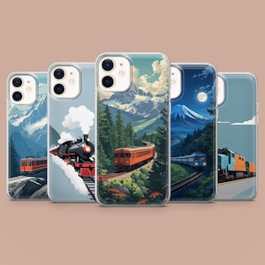 Può includere: Una collezione di custodie per telefoni con illustrazioni di treni. Ogni custodia presenta una scena ferroviaria diversa, tra cui una locomotiva a vapore, un treno vintage arancione e un treno blu, ambientate su sfondi montani e forestali.
