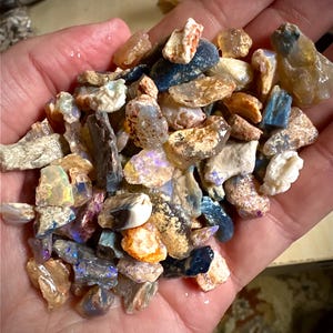 May include: A handful of rough opal gemstones in various shades of blue, white, brown, and orange. The stones are irregular in shape and size.