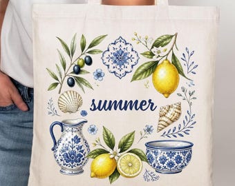 Mediterranean Summer Tote Bag: Amalfi Coast Canvas Tote, Coastal Aesthetic Bag, Italian Summer Gift, Beach Tote, Vacation Tote