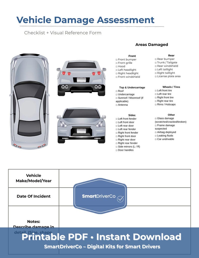 Vehicle Damage Assessment Form | Printable Car Damage Checklist PDF - Etsy