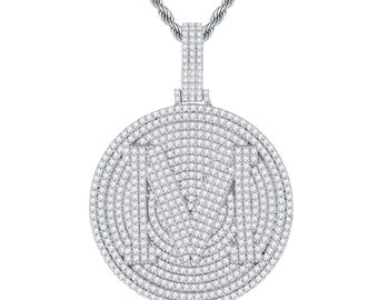 Iced Out A-Z Letters Round Disc Pendant Necklace, Initial Alphabet Pendants, Bling Men's Hip Hop Jewelry, CZ Diamond Jewelry Gift for Him