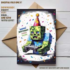 Happy Birthday, Little Zombie! | Minecraft-Inspired Digital birthday card | Sarcastic Gamer Birthday Card | Instant Download Print at Home
