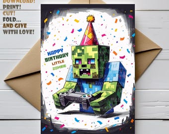 Happy Birthday, Little Zombie! | Minecraft-Inspired Digital birthday card | Sarcastic Gamer Birthday Card | Instant Download Print at Home