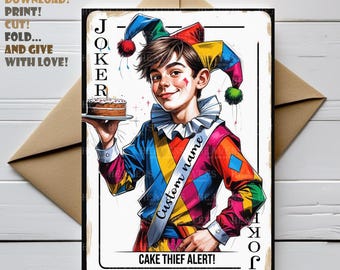 Personalized Teen Birthday Card | Funny Joker-Themed Digital Card | Custom Name | Cake Thief Birthday Card for Boy, Teen, or Friend
