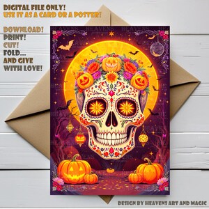 Funny Halloween card Sugar Skulls, Calaveras, Día de los Muertos | Digital Instant Download | Funny Spooky PNG Poster & A4 Printable Card