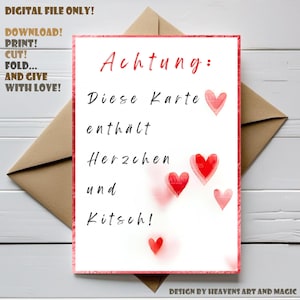 Lustige Valentinstagskarte | Achtung: Diese Karte enthält Herzchen & Kitsch! | Digitale Liebeskarte zum Ausdrucken