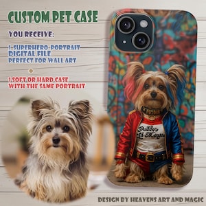 Könnte beinhalten: Individuelle Haustierhülle mit einem Yorkshire Terrier, der als Superheld verkleidet ist. Die Hülle hat ein farbenfrohes Design mit dem Text "Daddy's Lil' Mansie". Das Bild enthält auch den Text "Custom Pet Case" und "Design by Heavens Art and Magic".