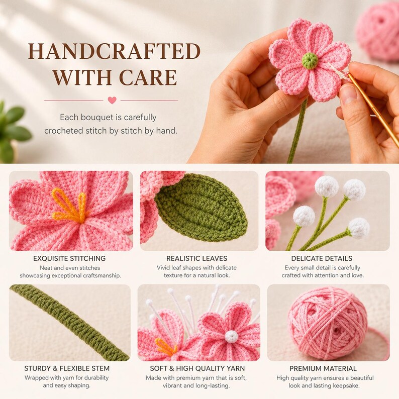 Ramo de rosas de ganchillo hecho a mano – Regalo floral eterno en jarrón imagen 2
