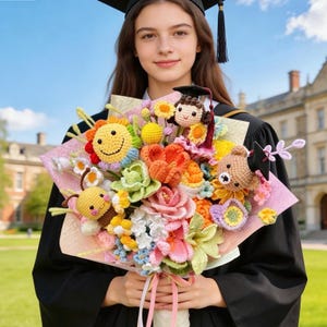 Puede incluir: Un colorido ramo de flores y figuras de ganchillo, que incluye un sol sonriente, una abeja y un oso con birrete. El ramo está envuelto en papel rosa y atado con una cinta rosa. En el fondo, una persona con toga de graduación.