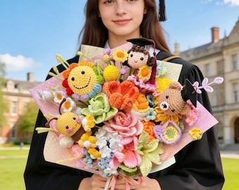 Crochet Graduation Bouquet with Bear – Handmade Keepsake Yarn Flowers Gift for Her