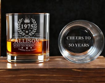Custom 50th Birthday Whiskey Glass - Personalized Vintage Rock Glass Gifts for Men