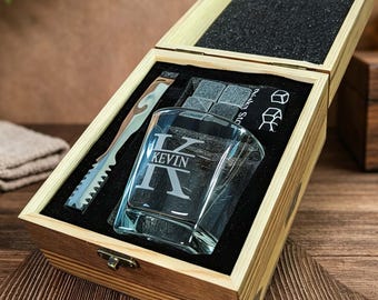 Personalized Whiskey Glass Gift Set with Wooden Box – Custom Engraved Bourbon Glass, Ice Stones & Tongs–Groomsmen Gift,Birthday Gift for Men