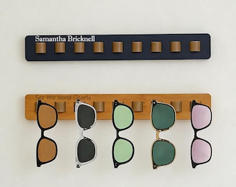 Personalized Wooden Eyeglass Holder Wall Mount, Sunglasses Organizer for Up to 9 Glasses, Custom Name Engraved Gift