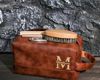 Personalized Leather Dopp Kit, Engraved Travel Toiletry Bag