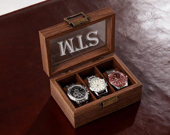 Personalized Watch Storage Box, Brown PU Leather Watch Box for 3 slot Watches, Watch Box With Name, Custom Watch Box for Men, Christmas Gift