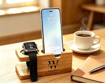 Soporte personalizado de bambú macizo para teléfono y reloj / cargador de teléfono / base de carga para iPhone y Apple Watch / cargador de teléfono / Día del Padre