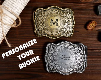 Personalized Western Belt Buckles Men Women, Initial Replacement Cowboy Rodeo Floral Belt Buckle for Removable Leather 1.5" Strap