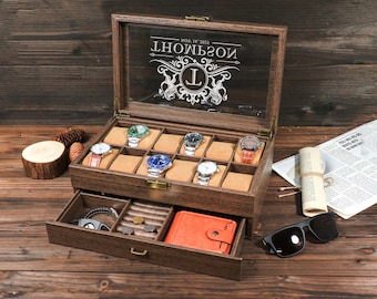 Luxury Personalized 12 Slot Two-Layer Watch Case with Drawer | Premium Grain Leather Watch Organizer | Christmas Gift for Husband Dad