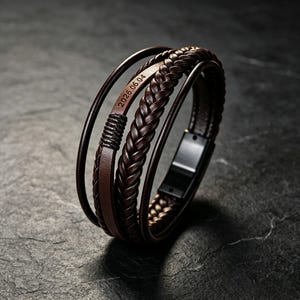 Könnte beinhalten: Ein mehrsträngiges Armband aus dunkelbraunem Leder mit einem geflochtenen Lederband, einem glatten Lederband und einem flachen Lederstreifen, der mit dem Datum 2026.06.04 graviert ist. Das Armband hat einen rechteckigen schwarzen Metallverschluss.