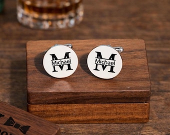 Personalized Groomsmen Cufflinks & Tie Clip Set with Wooden Box