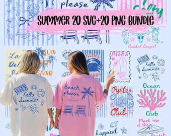 Coastal Summer 20 SVG PNG Bundle | Trendy Retro Ocean Beach Clipart | Preppy Girls Vacation Design