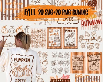 Herbst 20 SVG PNG Bündel | Gemütliche Herbst Kürbis Gewürz Saison | Dankbares Design des Gestreiften Gekritzel