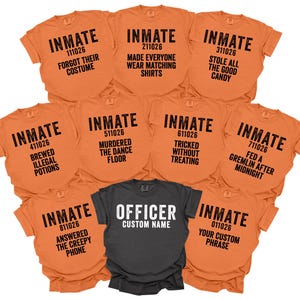 May include: A collection of orange t-shirts with black text reading INMATE and various phrases, plus one dark grey t-shirt with white text reading OFFICER CUSTOM NAME. Each orange shirt features a unique identification number below the word INMATE.