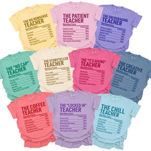 Może przedstawiać: Kolekcja kolorowych koszulek z r&oacute;żnymi wzorami dla nauczycieli. Każda koszulka zawiera unikalne hasło, takie jak "The No Nonsense Teacher" lub "The Patient Teacher", wraz z etykietą "Nutrition Facts". Koszulki są w odcieniach ż&oacute;łtego, r&oacute;żowego, fioletowego i niebieskiego.