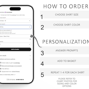Może przedstawiać: Zrzut ekranu smartfona przedstawia formularz zam&oacute;wienia e-commerce dla koszulki, z opcjami rozmiaru, koloru i personalizacji. Instrukcje dotyczące zamawiania są wymienione po prawej stronie. Kolor koszulki ustawiony jest na biały.