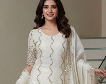 White Sharara Suit For Women, Indian Pakistani Wedding Wear, Kurta Sets, Indian Clothes, Stitched Salwar Kameez, Readymade Heavy Silk Suits