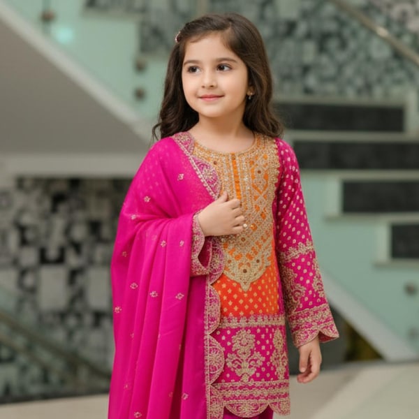 Beautiful Pink Silk Salwar Kameez for Girl, Kids wear, Indian Kids Salwar Kameez, Stitched Girl kurti pant with dupatta set, Kids wear 3PC