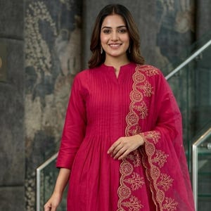 Indian Ethnic Kurta Bottom Dupatta/ Occasional-Daily wear/ Ethnic 3Pc set/ Printed Dupatta Cotton Salwar Kameez for Women Pink Salwar Kameez