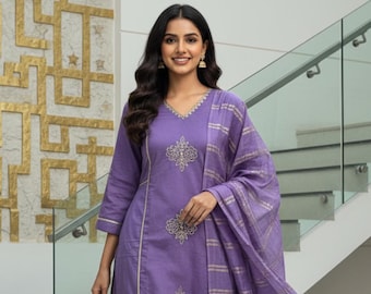 Indische ethnische Kurta Bottom Dupatta / Gelegentlich-tägliche Kleidung / 3Pc Set / Gestickte Kurta-Gedruckte Dupatta-Baumwollsalwar Kameez für Frauen