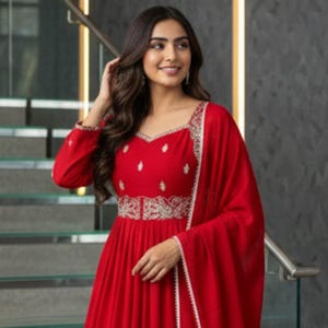 Puede incluir: Un vestido rojo vibrante con mangas largas y bordados plateados intrincados alrededor del escote y la cintura. El vestido presenta una falda fluida y se combina con un chal rojo a juego. La imagen incluye el texto "kridha FASHION".