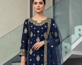 Pakistani Designer Salwar Kameez Readymade Suit, Kurta Palazzo & Designer Dupatta 3PC Stitched, Heavy Palazzo suit for women, long kurta set