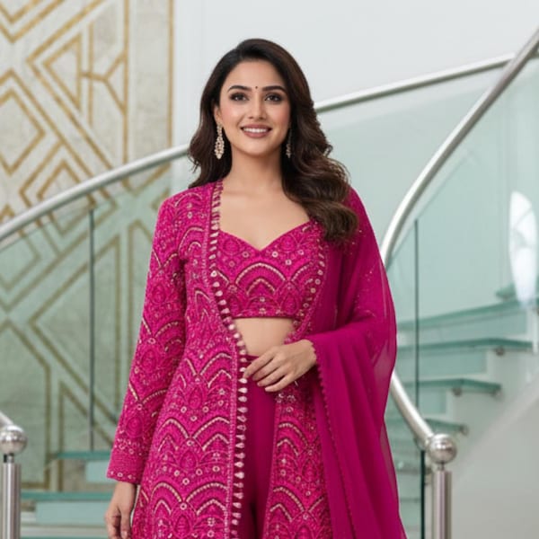 Premium Choli Sharara Suit for Women, Ready to Wear Pakistani Salwar Kameez, 3 Piece Indian Dress, Wedding Party Palazzo Suit with Dupatta