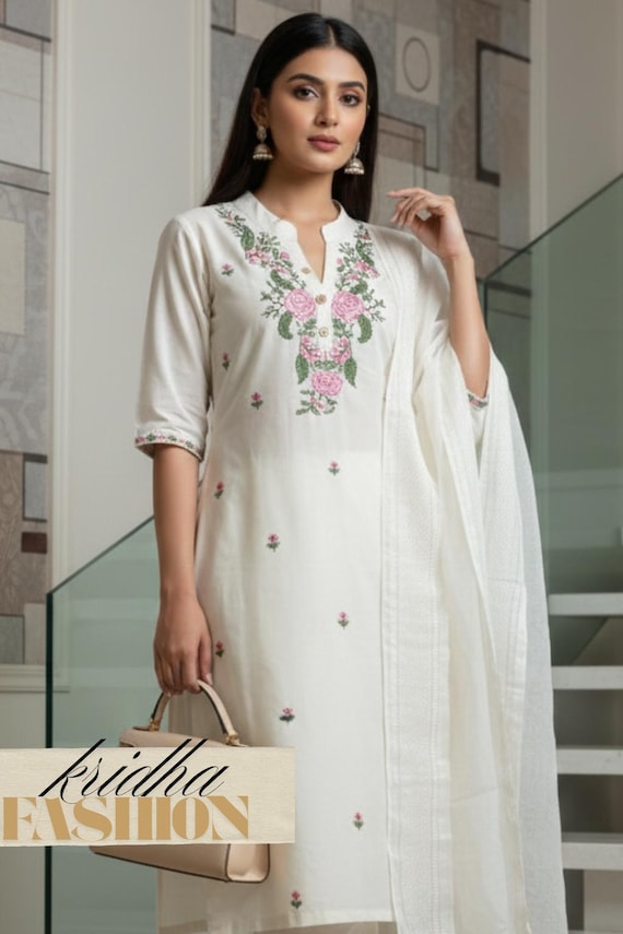 Beautiful Embroidery work Cotton White Salwar Kameez with Dupatta set for women, Indian Ethnic Women Dress, 3PC Straight Cotton Kurti Set