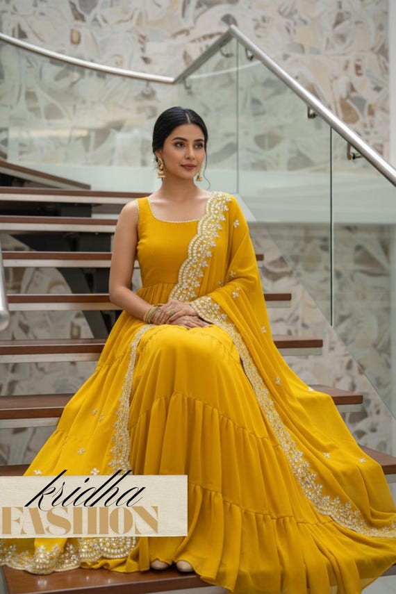 Indian Ethnic long Anarkali gown dupatta Suit Yellow Flared Long Anarkali Gown Partywear One Piece suit Indian Festive Diwali wear women