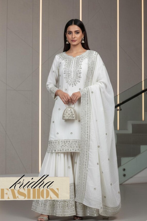 Premium White Sharara Suit for Women, Ready to Wear Pakistani Salwar Kameez, 3 Piece Indian Dress, Wedding Party Palazzo Suit with Dupatta