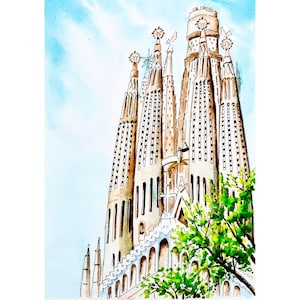 Pintura original en acuarela de la Sagrada Familia, arte de viaje de Barcelona, decoración de la iglesia de Gaudí, 12 x 8