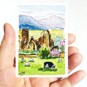 Pintura de acuarela de un castillo irlandés original de ACEO: arte en miniatura de Irlanda