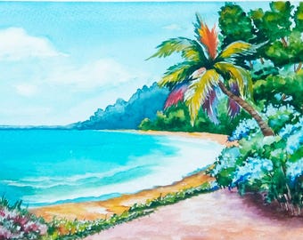 Original Hawaiian Wall Art Watercolor Painting: Tropical Beach Art, Cozy Room Decor 7x9"