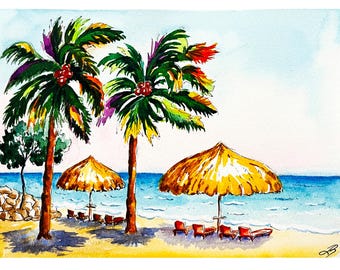 Hawaiian Wall Art Original Watercolor Painting: Tropical Beach Art, Cozy Room Decor 9x7"