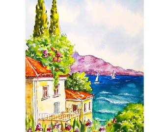 Mediterranean Watercolor Painting: Italy Adriatic Sea Original Art, 9x7"