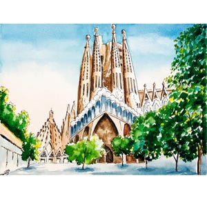Acuarela de la Sagrada Familia: Arte de viaje de Barcelona, decoración original de la iglesia de Gaudí (9x7")